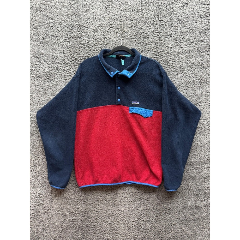 Patagonia Synchilla Snap-T Fleece Pullover Jacket Red Navy Blue Mens Size L